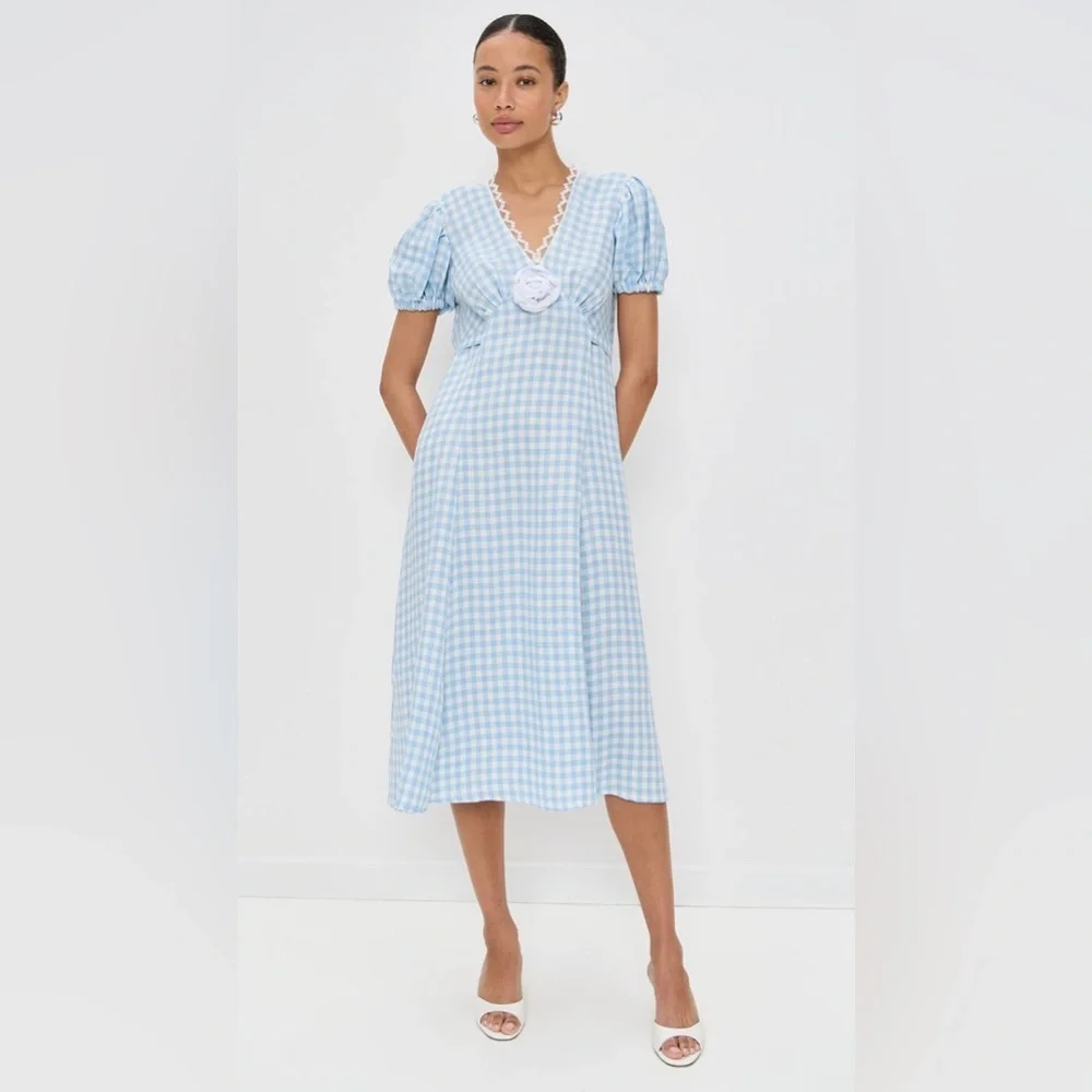 NWT SLEEPER The Genus Rosa Linen Blend Gingham Midi Dress in Blue Vichy Sz XL - Picture 14 of 15